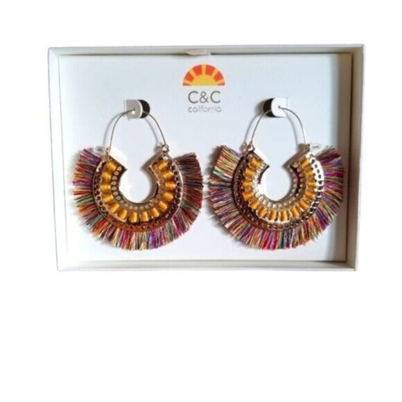 New C & C California Earrings Boho Chic Fringe Tassel Hoop Ribbon Yellow Gold - Picture 1 of 6